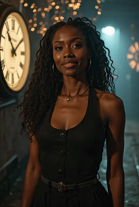 A stunning black woman poses confidently in a beautiful, hypnotic, dark setting with surrealist sparkles amid giant clocks. She ...