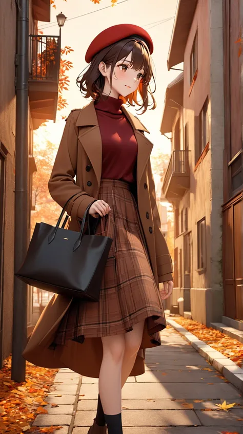 A tall woman in her 20s (175cm), captured mid-walk from the left side, knees-up close-up framing. She wears a deep red turtlenec...
