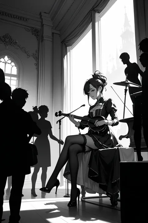 orchestra,silhouette,black and white,monochrome,shadow