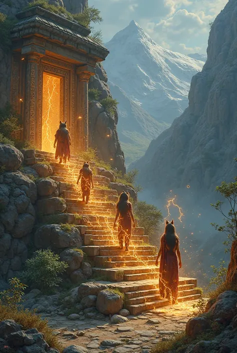 Setting: Sacred mountain ruins.
Action: The cat ascends the steps of an ancient temple. Glyphs glow as it passes. It steps into ...