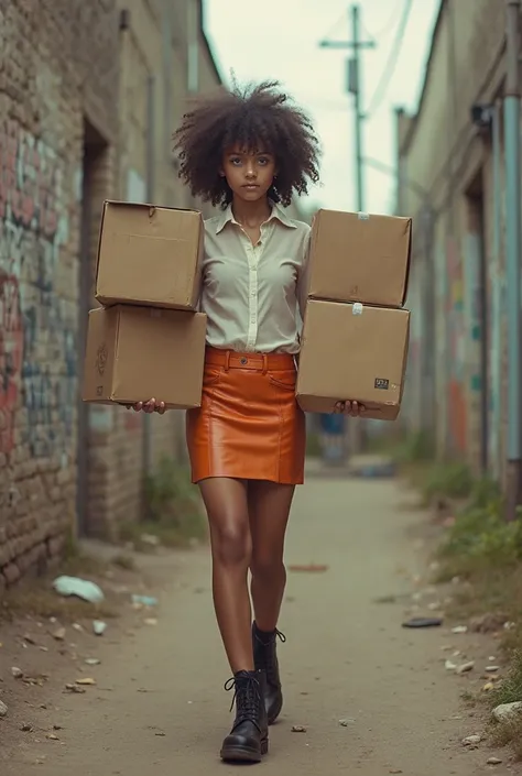 One girl, short girl, small girl, flat chest, curly hair, sheer thight white shirt, orange short pencil miniskirt, thight leathe...