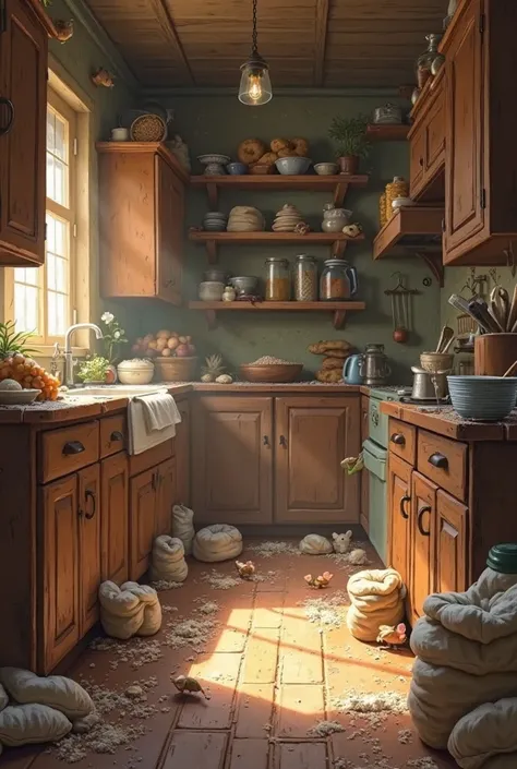 A cozy, messy kitchen with sacks of grains and mice sneaking around