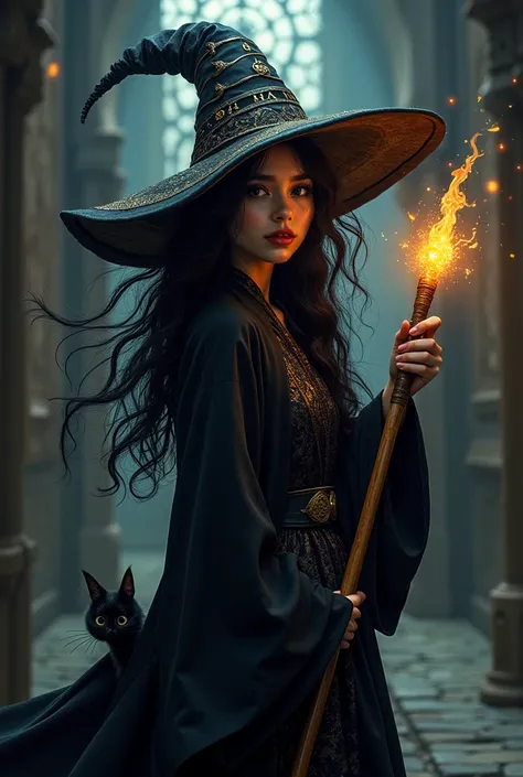 A dark-haired witch with a maruchan cane integrated into the tip with a medieval wizard's hat and a cuyo as a companion