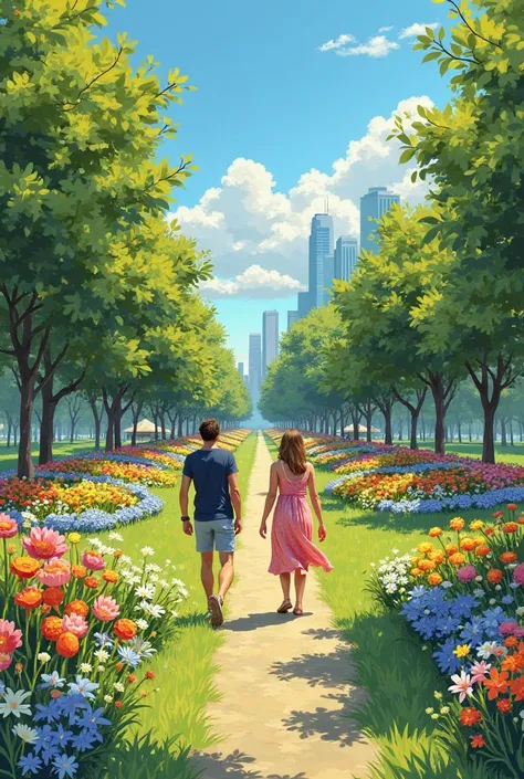 Colorful summer. There are many lawns in the city that are covered with flower beds with different flowers. There are many trees...