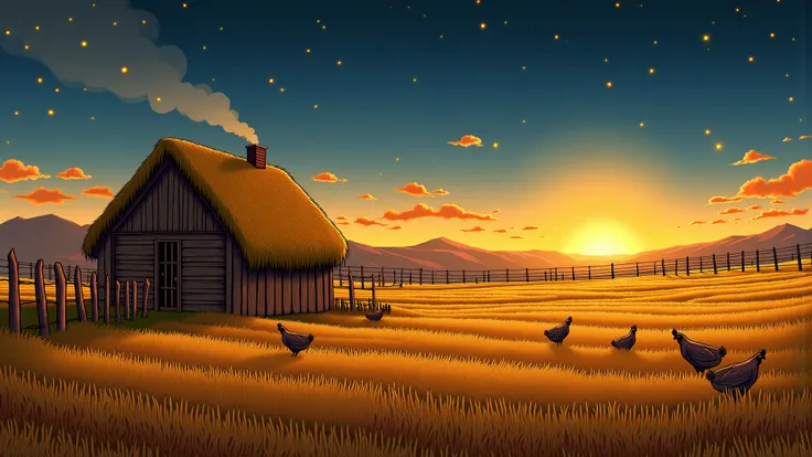 Exterior view of a Viking homestead with smoke rising from a turf-roofed longhouse, dusk sky glowing saffron and indigo, wooden ...