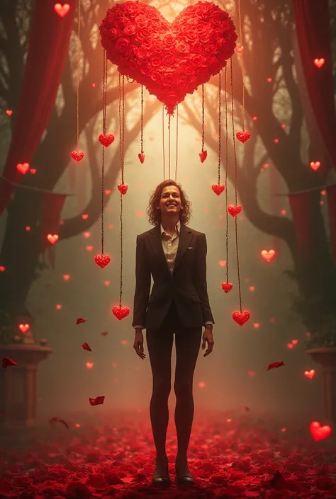 Symbolic surreal artwork of a person standing in a whirlwind of roses, love letters, and glowing hearts, all coming at them too ...
