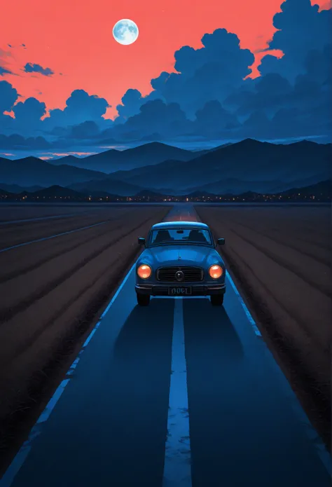 A distant car on a narrow country road under a deep night sky. The camera is far behind the car, which drives toward a vast moon...
