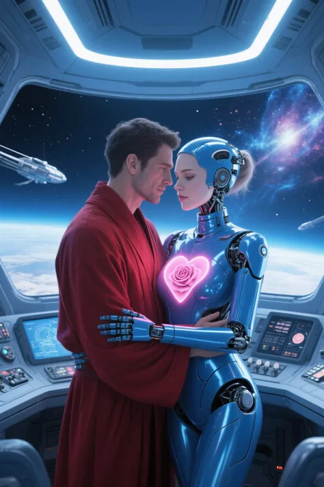 female robot in her 20s。full of wisdom, charity, and vitality。胸がハート形にピンクにIlluminationしている。The face is adorable human face。rose n...