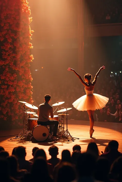The guy at the concert plays drums, sitting right at the installation, turn to the hall. And a beautiful ballerina is dancing in...
