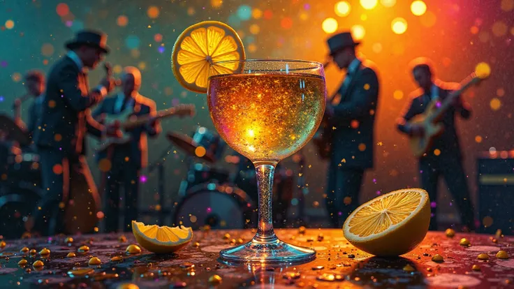Create an intricate oil painting illustration of a Tequila glass on the festive jazz band in the background with lemon on the si...