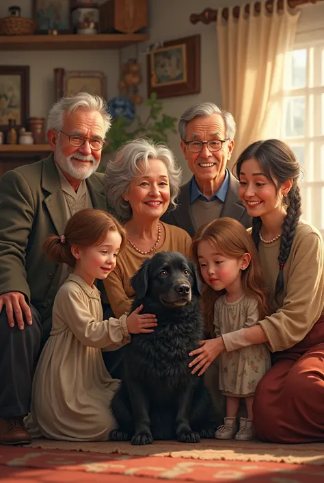 Two older men, three older women, three girls, a and a black dog.