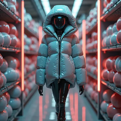 full portrait of a robo-girl, wearing her dazzling bulky beautiful detailed hooded formfitting duvetica overfilled shiny hyper...