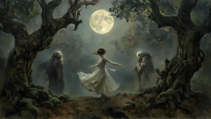 A lone female figure dances under the moon in a foggy forest, surrounded by silent archetypal spirits observing from the shadows...