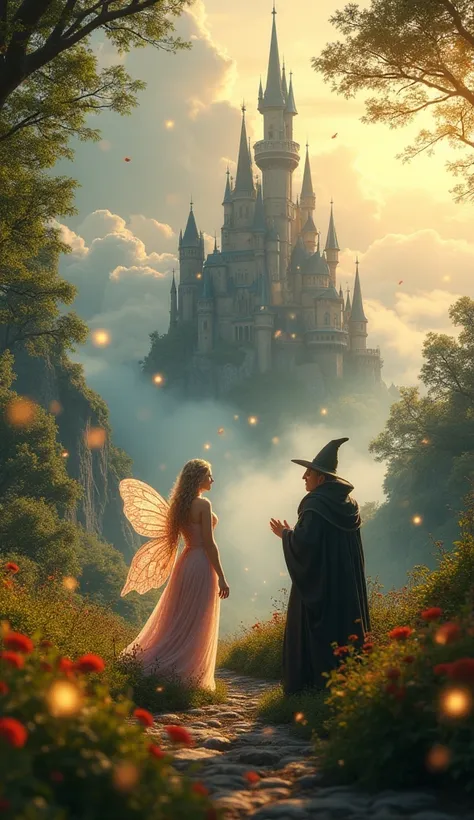 A fairy of ethereal beauty and a wise wizard talk in an enchanted kingdom. The landscape shines with floating magic lights, the ...