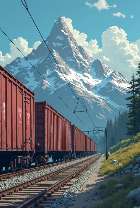 I need you to create a scene for me in which a teenager is on board a freight train, said train is moving close to a large mount...