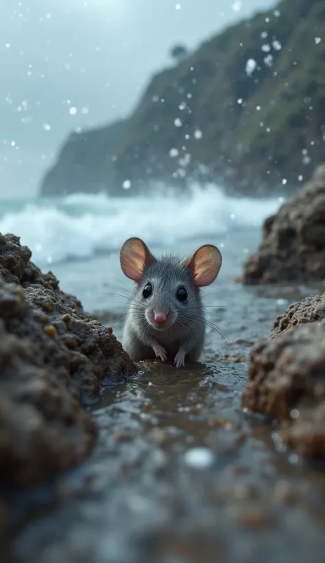 
"A tiny  mouse, no larger than a child's thumb, with soft grey fur and black eyes, peeks out from a rocky crevice near the shor...