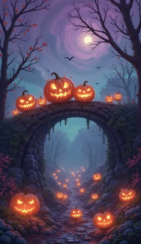 “Fantasy Halloween landscape in kawaii style: glowing pumpkins sitting on top of an old bridge, while underneath, dozens of owls...