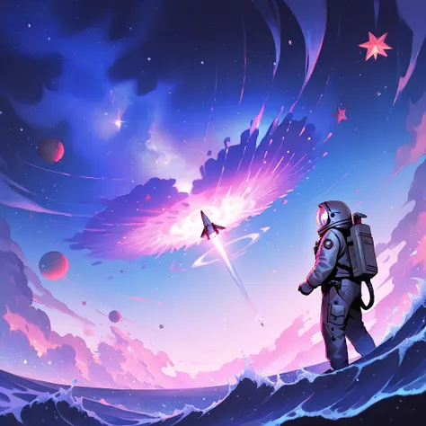 An astronaut wearing a futuristic space suit stands upright on a small rocket, as if surfing through space. Make the astronaut a...