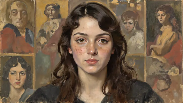 Charcoal and pastel drawing, character (Unnamed Woman; Female; Mid-20s; Caucasian; long dark brown hair; fair skin; oval face; s...