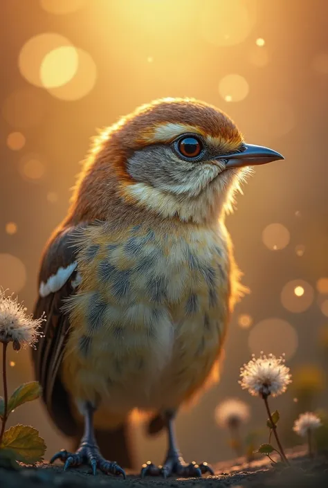 A mesmerizing close-up portrait of a gorgeous little bird illuminated by the soft, golden light of a tranquil morning, with vibr...