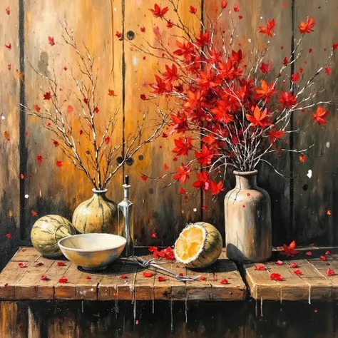 Expressived Impasto oil painting mix with graffiti style, Buah Kundang (Bouea macrophylla) on the table, wooden background. Th...