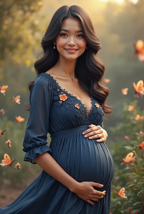 Pregnant young woman wearing a navy blue dress with flower details and lace, long sleeve, black hair and well-defined curls, lar...