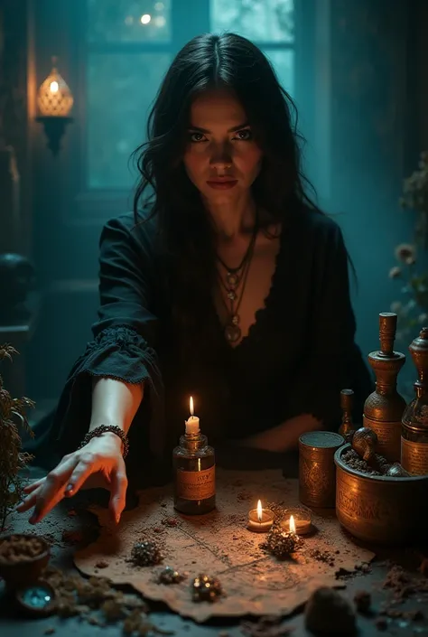 CINEMATIC SCENE OF A BEAUTIFUL WOMAN INVITING TO SEE THE TABLE WITH HER ESOTERIC PRODUCTS, EM IA, ULTRA HD