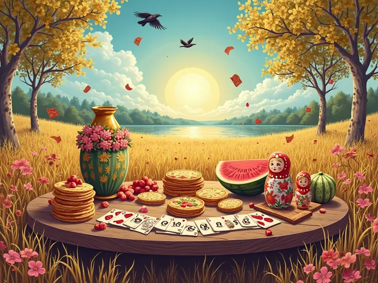**🎨 Oписание для генерации изображения в ИИ: "Russian summer poker fun"**
**style:** bright, are a rich illustration in the s...