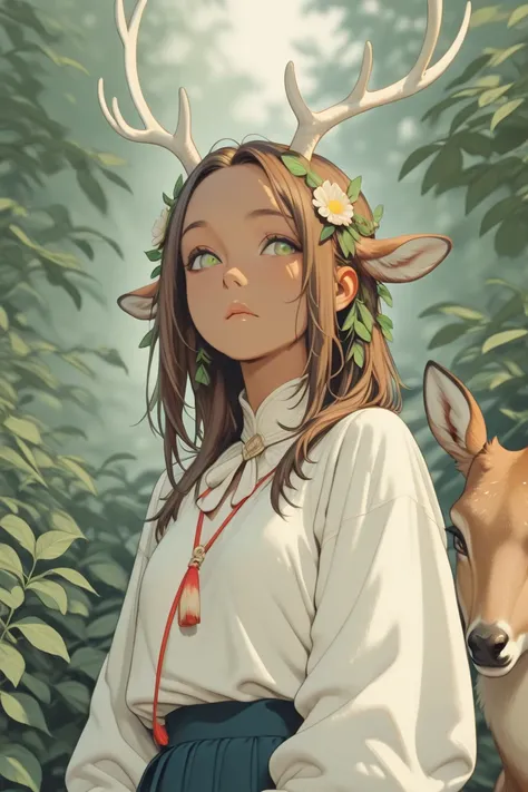 a genderfluid person, someone between the lines of female and male, the embodiment of a deer/human creature with soft green eyes...