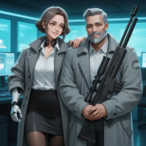 Draw me two people in cyberpunk setting. One is middle aged woman. She got short brown hairs, tired gray eyes. She wears long gr...