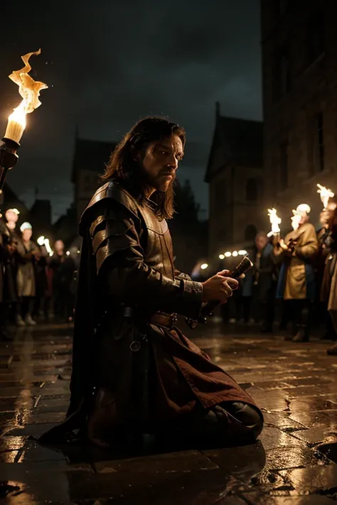 A betrayed king kneeling in the rain, stripped of his royal robes, surrounded by angry townspeople holding torches and weapons, ...