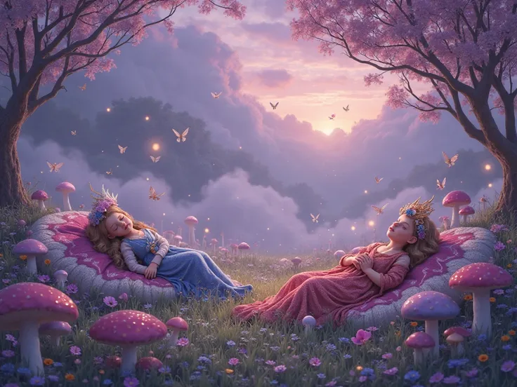 "A magical dreamlike meadow under a violet sky, filled with softly glowing mist. Gently resting on giant, colorful mushrooms and...