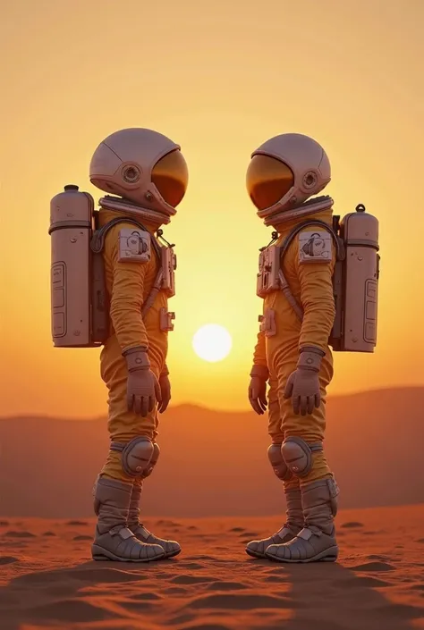 Create an image for me Theme: Meeting between an astronaut and an alien on a desert planet at sunset.
• Style : Realismo moder...