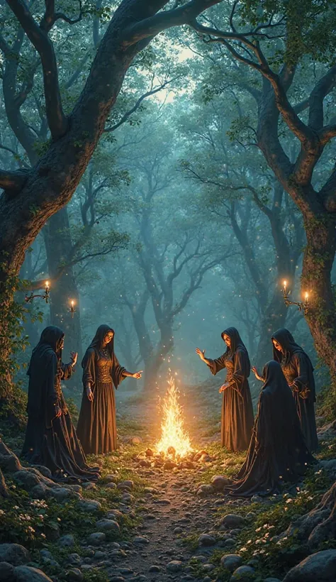 Forêt féerique des elfes noirs au tour d'un feu dans une forêt féerique mystérieuse enchantée et magic, Extremely visible magic,...