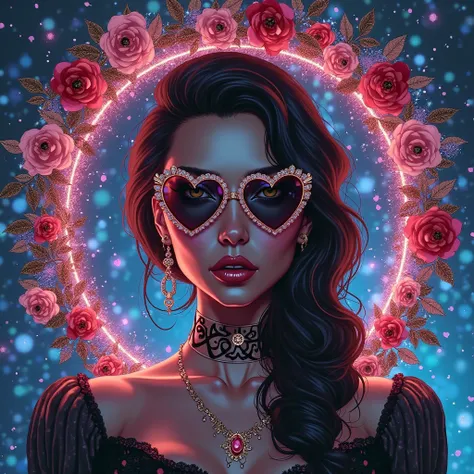 Floral intricate frame inside background ombre glitter, stylish woman medium dark disney princess elsa baddie with dark brown ha...