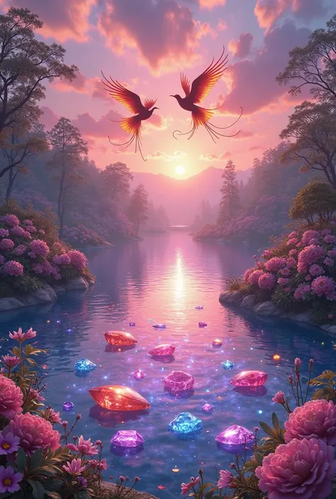 image of a lake full of precious stones surrounded by flowers that contains a pink and purple sunset that two phoenixes are flyi...