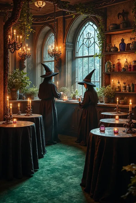 Create a realistic coffee shop with a witch theme and decor