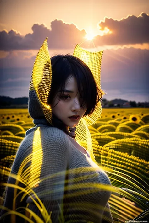 1girl, Wearing a vintage school uniform, Standing in a barren wheat field under a grey sky with natural light filtering through...