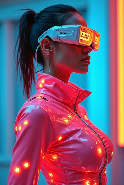 100% bright neon latex clothing with small connected technological pieces, built-in LEDs, metal accessories. silver glasses on o...
