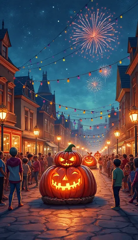 "Colorful Halloween pumpkin parade in a small town street, pumpkins rolling in floats, fireworks in the night sky, families watc...