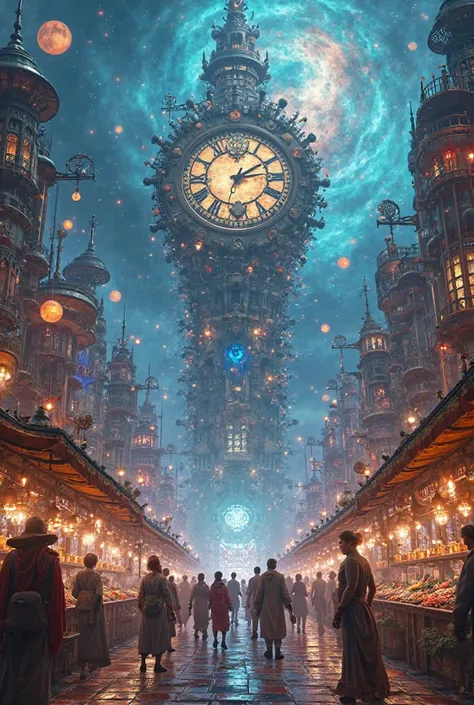 An enormous open-air market floating in the void between dimensions, where merchants from different eras and worlds sell exotic ...