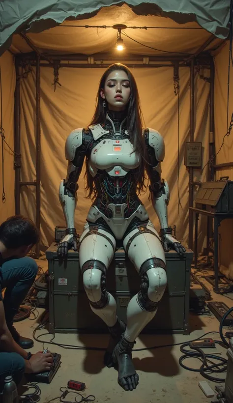 "Hyper-realistic full-body female android sitting on a metal crate inside a dusty military repair tent. Her body is entirely rob...