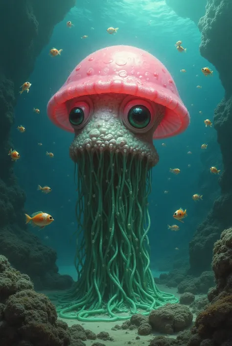 A jellyfish on the bottom of the sea very ugly with a double chin and colored like bubble gum and with fish around it. And the j...