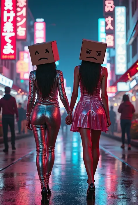 Two women walking hand-in-hand through a neon-lit cyberpunk city street at night. They wear shiny, holographic futuristic outfit...