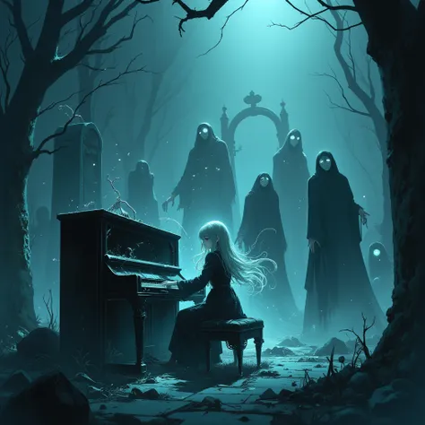ghostly pianist with long flowing hair, broken piano in misty graveyard, undead rising from the ground, melancholic gothic manga...
