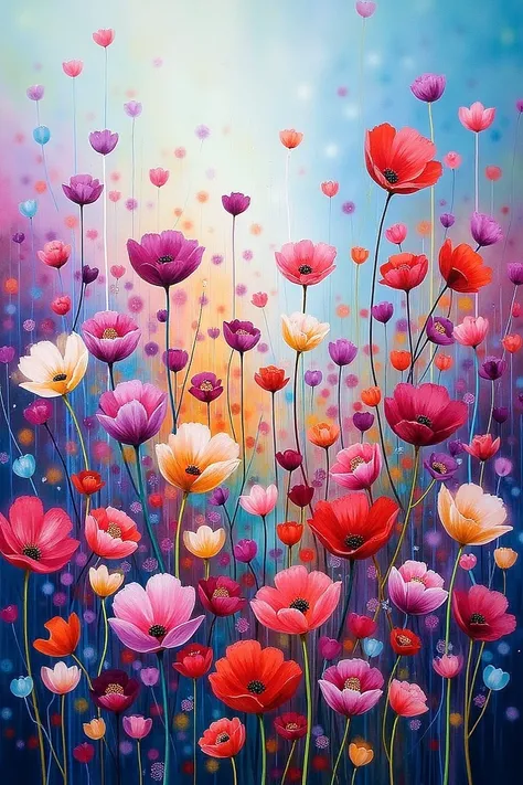 Design an abstract oil painting depicting a sea of wild flowers in blue, purple, red and orange
