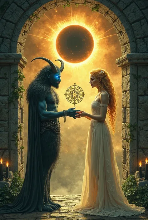 A gothic-fantasy artwork of two divine beings uniting under an ancient stone arch carved with forgotten runes. One is Pan, the h...