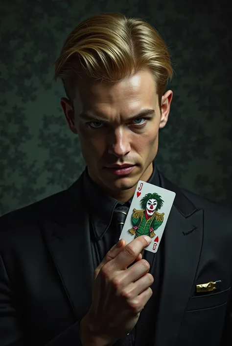 Homme jeune blond cheveux courts charismatique avec une carte « JOKER »,fond noir