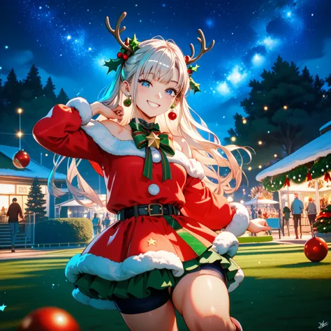 Lawn Park at night,stage,,Christmas music event in front of a highly illustrated,Long hair,Smile Yan,anime style,4K,HDR,vibrant ...