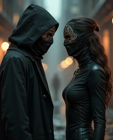 Homme "noir" African and brunette European woman in assassin outfit wearing masks